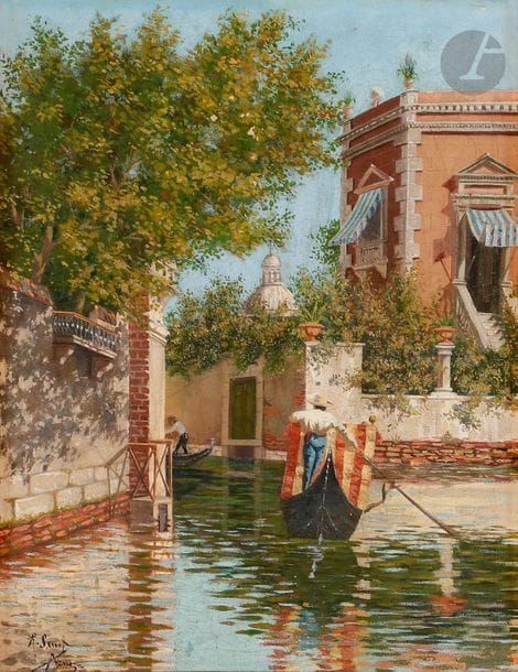 Rafael SENET Y PÉREZ (1856-1926
)Gondolas
 in VeniceOil

 on

 canvas.

 Signed and located at the bottom

 left.

 35 x 27 cm

