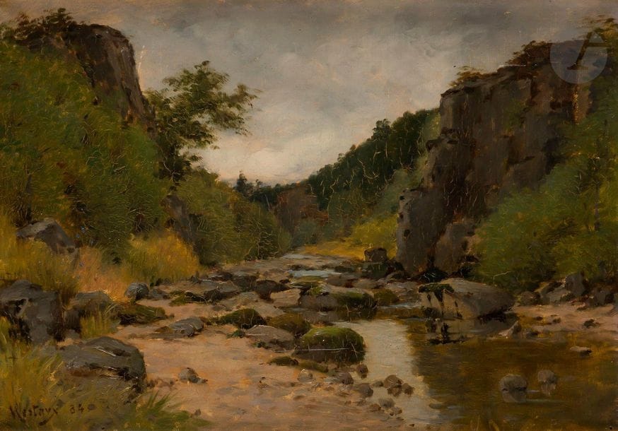Louis HESTAUX (1858-1919
)La Rivière
, 1884Oil

 on

 canvas.

 Signed lower

 left.

 32 x 46 cm

