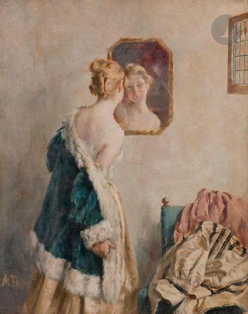 Walter MAC EWEN (1860-1943
)Young
 woman with mirrorOil on canvas.
 Signed lower
 left.

 (Lined

).

 29 x 23 cm

