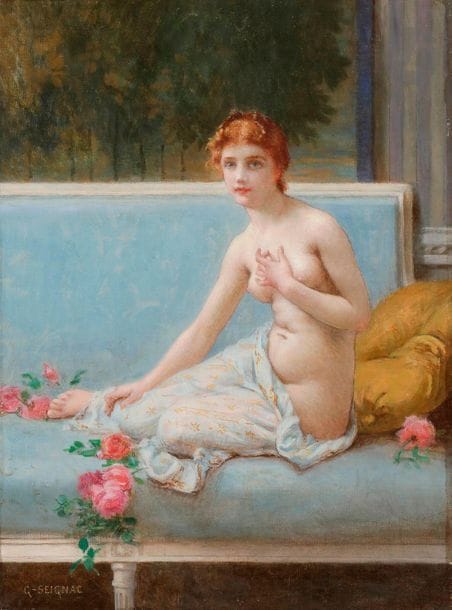 Guillaume SEIGNAC (1870-1924)
Nu aux roses, vers 1900
Huile sur toile.
Signée en bas à gauche.
33 x 24 cm

Exposition : 
Galerie Léon Gérard, Paris (son tampon au dos).

Notre œuvre est préparatoire au tableau intitulé Psyché.