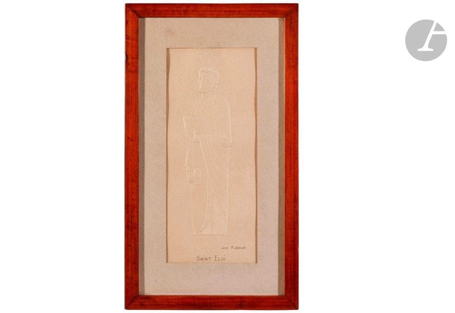 JEAN-ÉMILE PUIFORCAT (1897-1945) (JEAN-ÉLISÉE PUIFORCAT, DIT)
Saint Éloi 
Papier embossé. Signé Jean PUIFORCAT et titré Saint Eloi en bas à droite. A vue : 23 x 10 cm