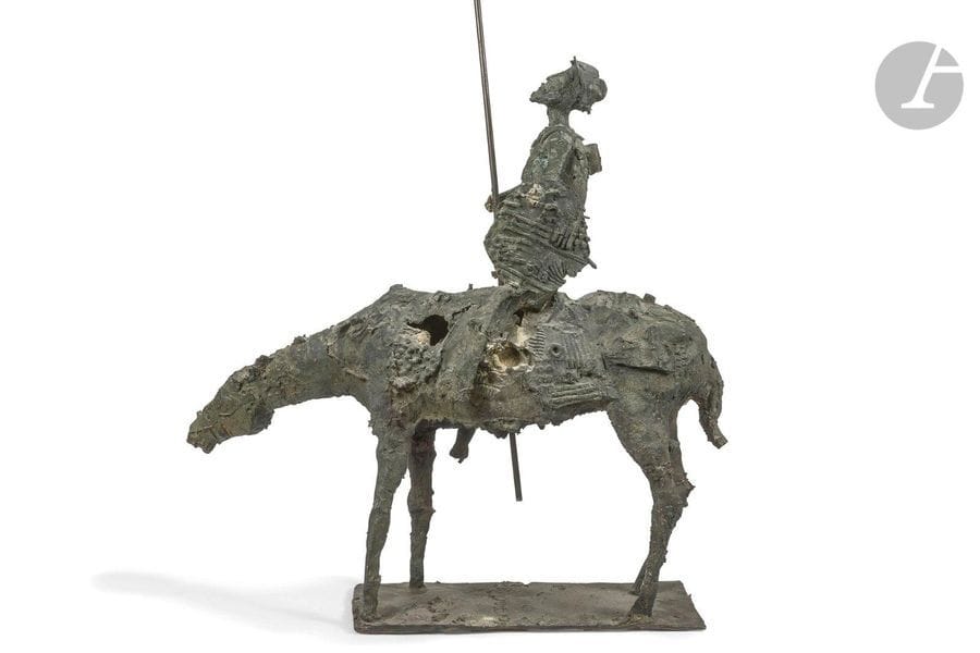 ITALIAN WORK OF THE 1970sDon
 Quixote,
 1971Sculpture

. Bronze patina. Lance unsoldered, various small accidents, original split and resoldered terrace. Signed and dated A...ELLI (19)71 on the terrace. Without spear : H. 77 cm - W. 77 cm - D. 20 cm

