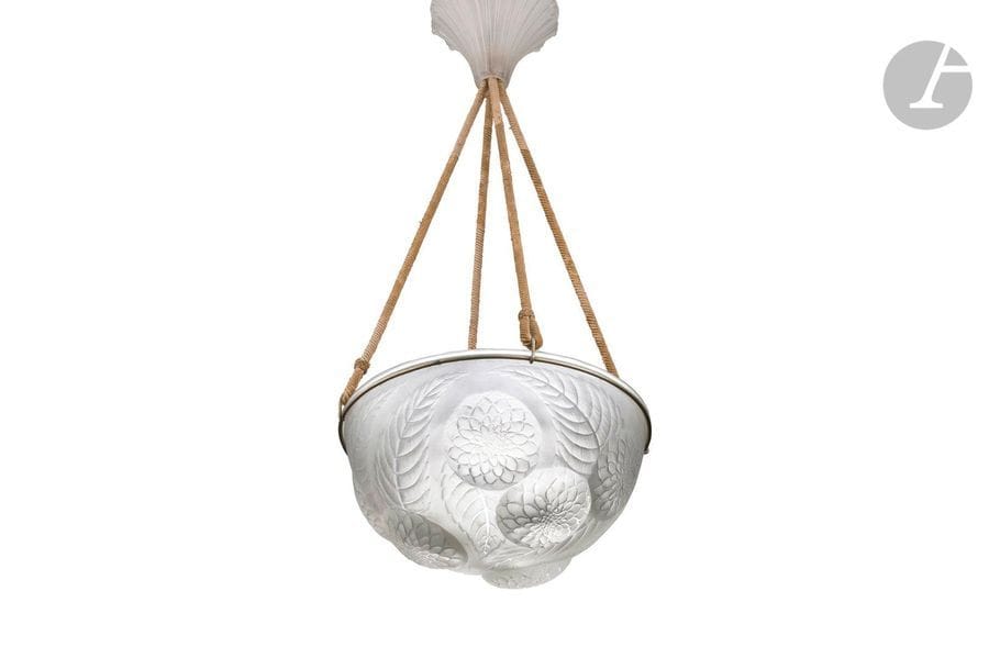 RENÉ LALIQUE (1860-1945
)Dahlias, model created in [1921], removed from the catalogue
 in 1932Cover

 complete with its bowl cover Cup and bowl cover in white molded-pressed glass (ref. Marcilhac 2459). Electrified suspensions in original trimmings. Signed R. LALIQUE at the bottom in the center of the basin. D. basin : 30 cm - H. 64 cm

