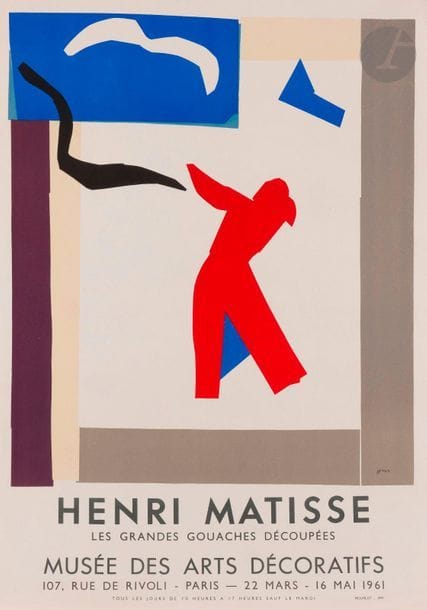 Henri Matisse (1869-1954) (d’après)
Henri Matisse, Les grandes gouaches découpées. Affiche pour une exposition au Musée des Arts décoratifs, 1961
Lithographie en couleurs. Imp. Mourlot.
Épreuve sur vélin.
68 x 48 cm.