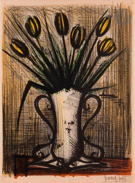 Bernard Buffet (1928-1999)
Le Vase de tulipes jaunes, 1960
Lithographie en couleurs.
Épreuve sur vélin, justifiée «E.A. » et signée au crayon. Tirage définitif à 125 épreuves. David et Garnier éd.
Oxydation du feuillet.
À vue : 71 x 53 cm.
Cadre.

Bibliographie :
Sorlier 28.

Provenance :
Gaston Diehl (1912-1999), historien et critique d’art.