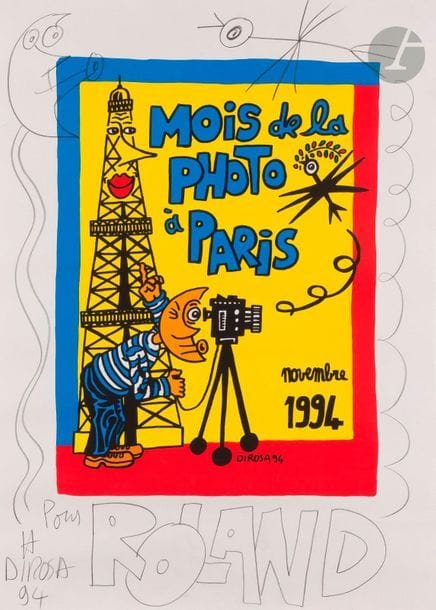 Hervé di Rosa (né en 1959)
Mois de la photo à Paris, novembre 1994. Affiche.
Sérigraphie en couleurs. 
Épreuve sur vélin blanc, dédicacée en marge inférieure : « Pour ROLAND », signée et datée au crayon et enrichie d’ornements dessinés dans les marges.
70 x 50,5 cm. 