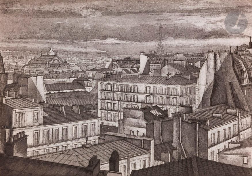 Érik Desmazières (né en 1948)
Paris, vent d’ouest, 1995
Eau-forte, roulette et aquatinte. 
Épreuve sur vélin, 1er plat du tirage en carte de vœux pour la Galerie Paul Prouté, avec texte typographié au verso.
Infimes plis de manipulation. 
22 x 31,5 cm.

Bibliographie :
Fitch 146.