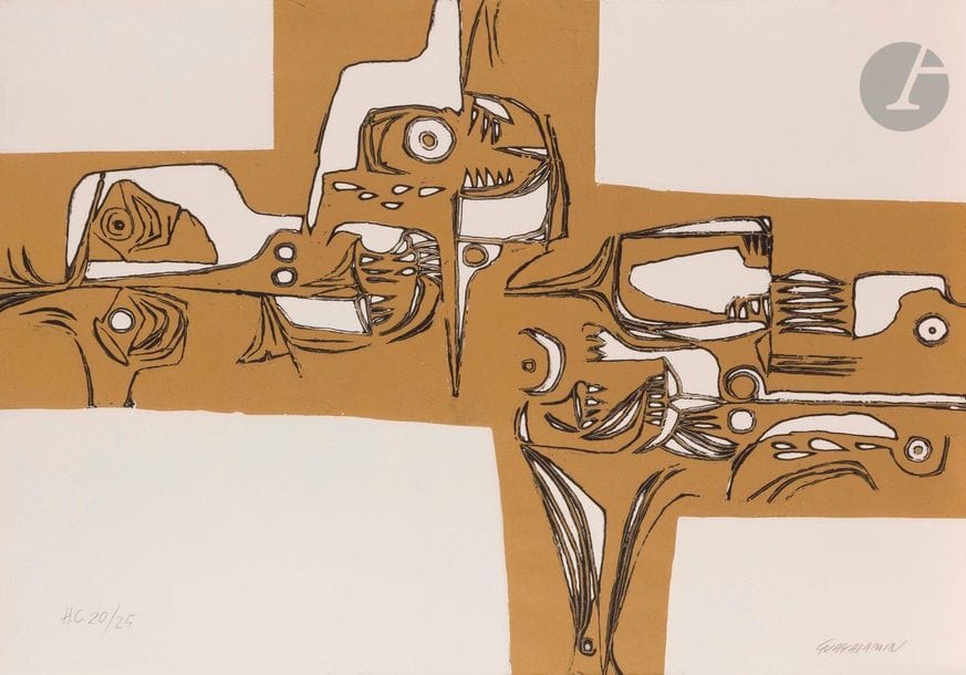 Oswaldo Guayasamin
(équatorien, 1919-1999)
Fresque aux motifs primitifs
Eau-forte en deux tons (fond ocre).
Épreuve sur vélin, justifiée « H.C. », numérotée et signée au crayon. Tirage à 25 épreuves. 
56,2 x 75,7 cm.