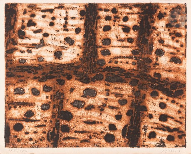 Zoran Muši? (1909-2005)
Pierres sur le carse, 1958
Eau-forte et aquatinte en couleurs.
Épreuve tirée sur la 1re page d’un feuillet de vélin remplié, portant sur la 3e page le catalogue imprimé des œuvres figurant dans l’exposition de l’artiste à la Galerie de France, numérotée et signée au crayon. Tirage à 300 épreuves.
Légère oxydation du feuillet. Courts plis dans l’angle inférieur gauche. 
33 x 25 cm.

Provenance :
Gaston Diehl (1912-1999), historien et critique d’art.