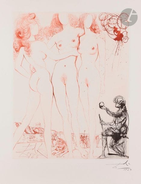 Salvador Dalí (1904-1989)
Le Jugement de Pâris (« Mythologie », pl. 8), 1963-1965
Héliogravure et pointe sèche en couleurs.
Épreuve sur vélin filigrané « Arches », signée et datée « 1963 » au crayon. 
Traces claires d’oxydation aux bords du feuillet. Tirage à 150 épreuves sur ce papier. Argillet éd.
76 x 56,5 cm.

Bibliographie :
Michler et Löpsinger 123.