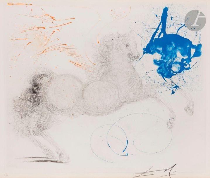 Salvador Dalí (1904-1989
)Pegasus ("Mythology
", pl. 13), 1963-1965Helogravure

and drypoint

in colour.


Proof on cream wove vellum, watermarked "Arches", numbered and signed in pencil. Clear trace of oxidation at the edges of the sheet. Slight dusting on the back. Edition of 150 proofs.




























































































Argillet ed.



56











,7 x 76 cm.
Bibliography


:Michler and Löpsinger 128

.