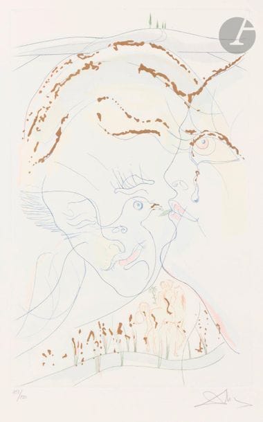 Salvador Dalí (1904-1989)
Les Yeux de colombe de l’Épouse (pl. pour le « Cantique des cantiques »), 1971
Eau-forte et pochoir en couleurs et à l’encre bronze doré.
Épreuve sur vélin blanc, revêtue d’un numéro et d’une signature au crayon (apocryphes).
56 x 37,7 cm.

Bibliographie :
Michler et Löpsinger 472.