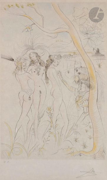 Salvador Dalí (1904-1989)
Le Jugement de Pâris (pl. 5 de la « Suite mythologique nouvelle »), 1971
Pointe sèche et coloris au pochoir. 
Épreuve sur japon nacré, revêtue d’une inscription « EA » et d’une signature au crayon.
À vue : 66 x 41 cm.
Cadre.

Bibliographie :
Michler et Löpsinger 485.