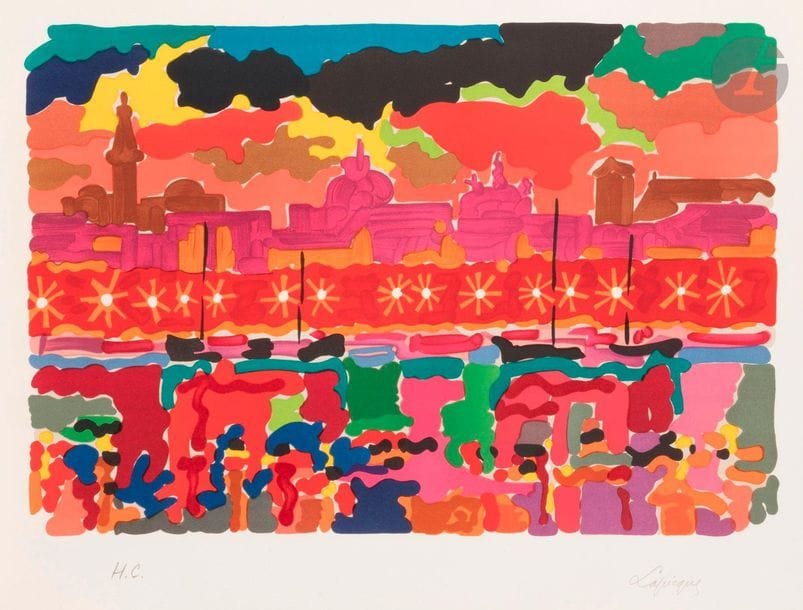 Charles LAPICQUE (1898-1988)
Quai à Venise, 1955
Zincographie en couleurs. 
Épreuve sur vélin blanc, justifiée « H.C. » et signée au crayon. Tirage définitif à 120 épreuves. 
50 x 65,5 cm.

Bibliographie :
Balanci 74.