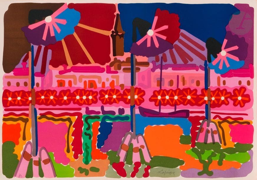 Charles LAPICQUE (1898-1988)Quay in Venice, 1955Zincography in colours. 
Proof on white vellum, justified "H.C." and signed in pencil. Definitive edition of 125 proofs on this paper. Total edition o 
f

250 proofs. 53 x 76 cm.
Bibliography


:Balanci 79

.