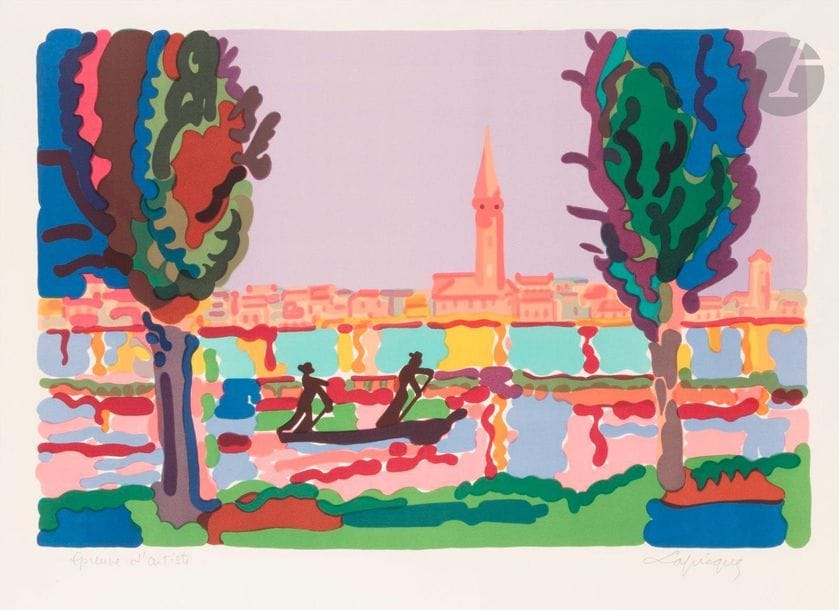Charles LAPICQUE (1898-1988)
Vue de Burano, 1955
Zincographie en couleurs. 
Épreuve sur vélin blanc, justifiée « Epreuve d’artiste » et signée au crayon. Tirage définitif à 250 épreuves. 
49,7 x 64,5 cm.

Bibliographie :
Balanci 81.
