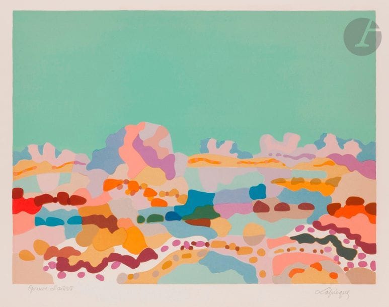 Charles LAPICQUE (1898-1988)
Lagune bretonne, 1959
Zincographie en couleurs. 
Épreuve sur vélin blanc, justifiée « Epreuve d’artiste » et signée au crayon. Tirage définitif à 275 épreuves. 
40 x 53,5 cm.

Bibliographie :
Balanci 112.