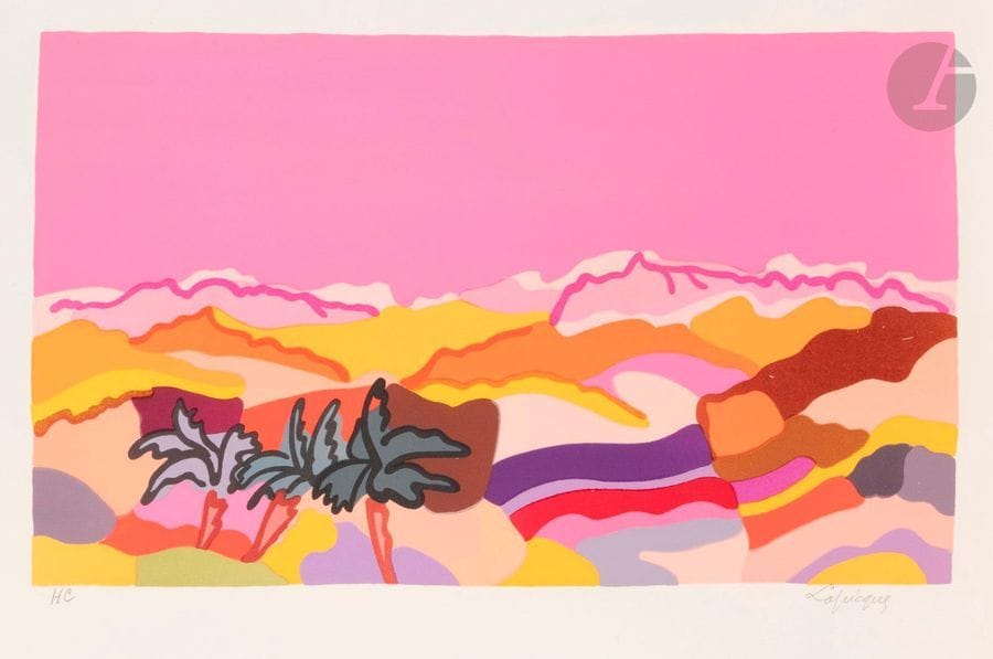 Charles LAPICQUE (1898-1988)
Le Sahara, 1962
Zincographie en couleurs. 
Épreuve sur vélin blanc, justifiée « H.C. » et signée au crayon. Tirage définitif à 125 épreuves sur ce papier. Tirage total à 250 épreuves. 
50 x 65 cm.

Bibliographie :
Balanci 199.