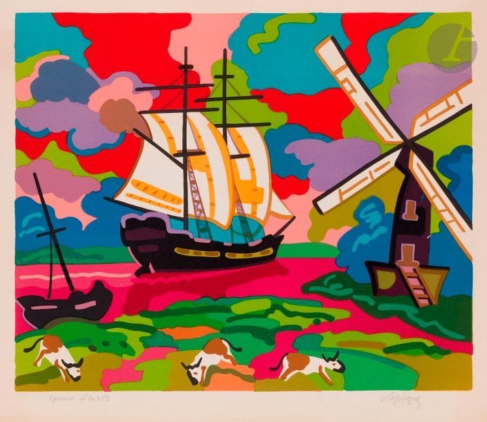 Charles LAPICQUE (1898-1988)
Hollande, 1974
Zincographie en couleurs. 
Épreuve sur vélin, justifiée « Epreuve d’artiste » et signée au crayon. Tirage définitif à 125 épreuves sur ce papier. Tirage total à 250 épreuves. 
Trace d’oxydation aux bords du feuillet. 
54,5 x 75,5 cm.

Bibliographie :
Balanci 495.