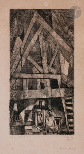 Alfred Manessier (1911-1993)
Le Gros œuvre, 1944
Burin.
Épreuve sur vergé mince, justifiée « epreuve d’artiste », signée, datée et titrée au crayon. 
Oxydation du feuillet, petite auréole d’humidité et rousseurs éparses. 
À vue : 36 x 21 cm.
Cadre.

Provenance :
Gaston Diehl (1912-1999), historien et critique d’art.