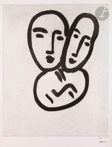 Henri Matisse (1869-1954)
Trois têtes ; À l’amitié. (Masques d’Apollinaire, Matisse et Rouveyre), 1951-1952
Aquatinte.
Épreuve sur vélin filigrané « bfk rives », numérotée au composteur et revêtue du cachet du monogramme de l’artiste. Toutes marges. Tirage à 25 épreuves.
65 x 50 cm.

Bibliographie :
Duthuit-Garnaud 825.
Sujet non retenu pour parution dans le livre d’André Rouveyre, Apollinaire, Paris, éd. Raisons d’Être, 1952.
