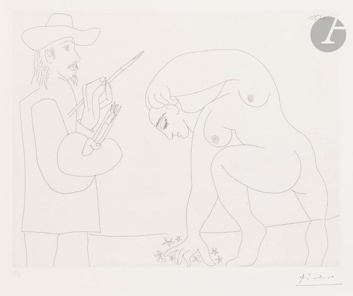 Pablo PICASSO (1881-1973
)Painter and woman picking flowers (Les 156
, pl. 56), 24 May 1970Eau-forte. 
Vellum print, numbered in pencil and stamped (Lugt 2026e). Edition of 50 proofs. Galerie Louise Leiris
éd. 1978. 

41

.5 x 48 cm.
Bibliography


:Bloch 1911 ; Baer 1917

.