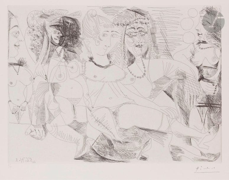 Pablo PICASSO (1881-1973)
La Maison Tellier, filles entre elles (Les 156, pl. 145), 5 juin 1971 
Eau-forte. 
Épreuve sur vélin, numérotée au crayon et timbrée (Lugt 2026e). Tirage à 50 épreuves. Galerie Louise Leiris éd. (1978).
L’angle inférieur droit légèrement écaché. 
50,5 x 66 cm.

Bibliographie :
Bloch 1999 ; Baer 2009.
