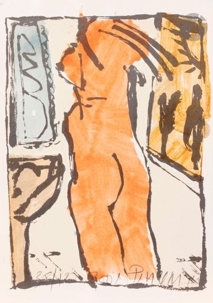 Jean-Pierre Pincemin (1944-2005)
Naked (pl. pour une série de nus d’artistes contemporains), 2001
Sérigraphie rehaussée à l’aquarelle par l’artiste.
Épreuve sur vélin, numérotée, datée et signée au crayon. Timbres : « Naked » et Éd. Jannink au verso.
38 x 27 cm.