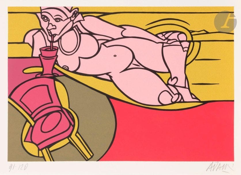 Valerio Adami (né en 1935)
Naked (pl. pour une série de nus d’artistes contemporains), vers 2001
Sérigraphie en couleurs 
Épreuve sur vélin, numérotée, datée et signée au crayon. Timbres : « Naked » et Éd. Jannink au verso.
27 x 38 cm.
