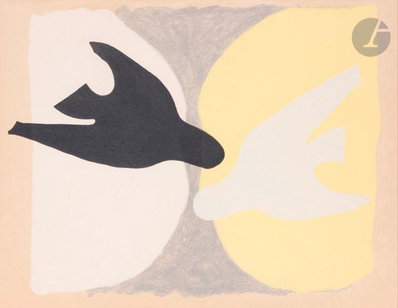 Georges Braque (1882-1963)
Pl. pour l’album « L’Ordre des oiseaux » (texte de Saint-John Perse), Au Vent d’Arles éd., Paris, 1962
Eau-forte et aquatinte en couleurs.
Épreuve sur vélin filigrané « Au vent d’Arles ». 
Montée sous passe-partout avec forte trace d’insolation à l’ouverture et morceaux d’adhésif oxydés au verso. Traces de plis de manipulation.
43,2 x 55,4 cm.

Bibliographie :
Vallier 182-2 (repr. p. 256).