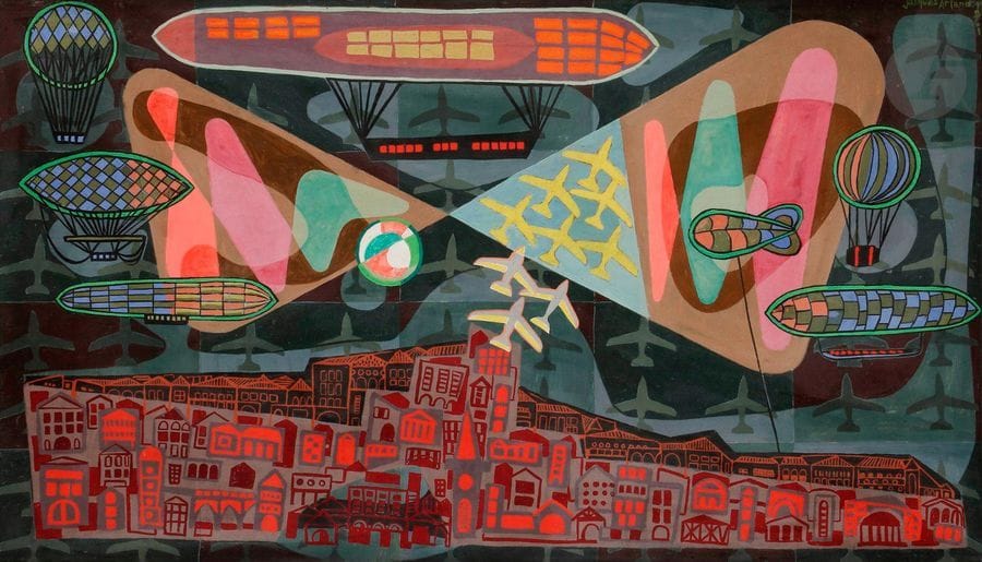 Jacques ARLAND (1929-2018)
Ville et aviation, 1951
Peinture sur papier monté sur isorel.
Signée et datée en haut à droite.
44 x 76 cm