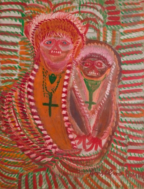 Anselme BOIX-VIVES (1899-1969)
Portrait de famille, 1964
Gouache et huile sur carton.
Signée en bas à droite.
65 x 50 cm

Provenance : 
- Acquis par le Centre Vendôme pour les arts plastiques auprès de Michel Boix-Vives en 1991.
- Galerie Pierre Nachbaur, Paris.
- Collection particulière, île de France.

Exposition : 
Anselme Boix-Vives, 20 octobre - 20 novembre, Galerie Pierre Nachbaur, Paris, 1992.

Bibliographie : 
Marie-Caroline Sainsaulieu, Valérie Boix-Vives, Boix-Vives, Monographie, Catalogue Raisonné - Volume 1, 1962-1964, Paris, Éditions de la Différence, 2003, reproduit en noir et blanc sous le numéro 1964/188, p. 446.

Un certificat de Monsieur Jean-Dominique Jacquemond pourra être remis à la charge de l’acquéreur.