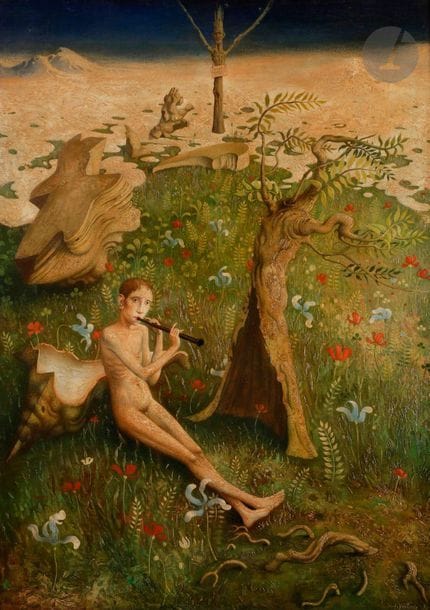 Claude VERLINDE (1927-2020)
Le Joueur de flûte, 1970
Huile sur toile.
Signée et datée en bas à droite.
Signée, datée et titrée au dos.
92 x 65 cm