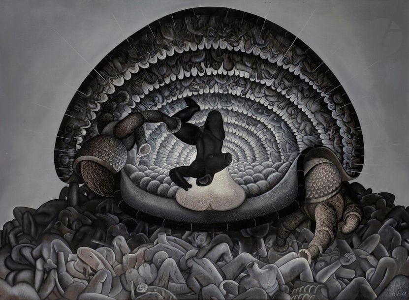 François MONCHÂTRE (né en 1928)
Le Grand avaloir, 1965
Huile sur toile.
Monogrammée et datée en bas à droite.
Signée, datée et titrée au dos.
73 x 100 cm