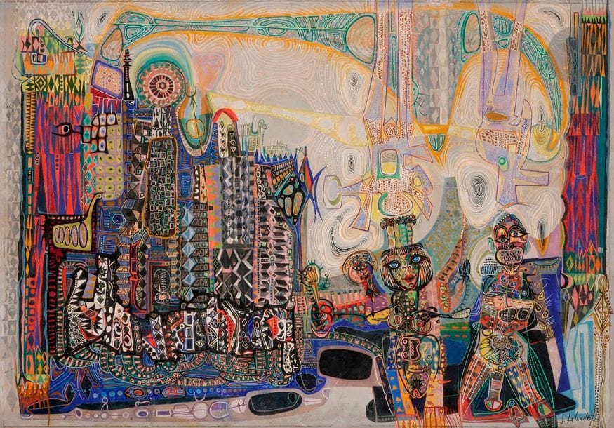 Jacques ARLAND (1929-2018)
Couple dans la ville, 1962
Peinture et collage sur papier monté sur isorel.
Signée et datée en bas à droite.
78 x 112 cm
