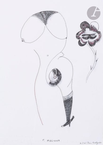 Dominique LE TRICOTEUR (born in 1950
)
Pierre Molinier, 2018Ink

and

coloured

pencils

.


Signed








on the back.



Annotated "P. Molinier"











on the foot.




Dedicated to our friend Pierre Bourgeade on the lower














right.





29.5 x 21 cm

















