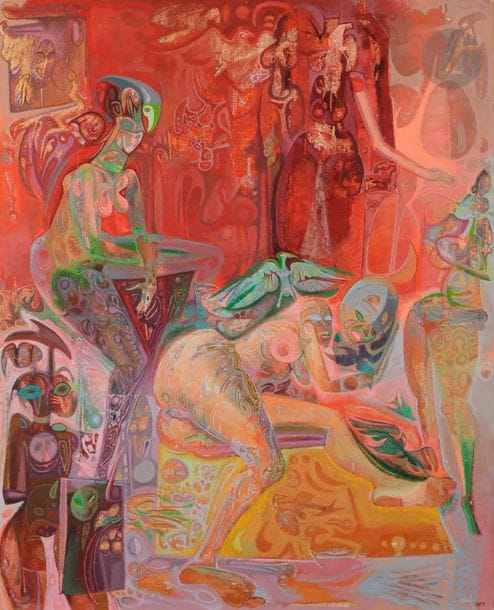 Jacques ARLAND (1929-2018)
Deux nus à l’oiseau
Huile sur toile.
Porte le cachet de l’atelier en bas à droite.
100 x 81 cm