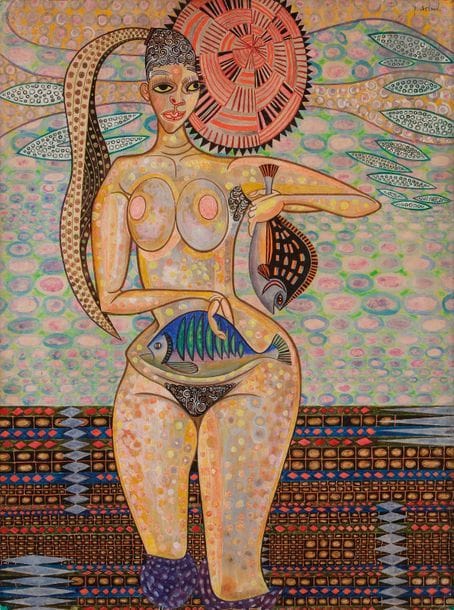 Jacques ARLAND (1929-2018)
Femme aux poissons, vers 1955
Gouache sur papier monté sur isorel.
Signée en haut à droite.
(Usures sur les bords).
72 x 54 cm