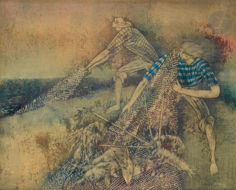 Félix VARLA [géorgien] (1903-1986)
Les Pêcheurs
Huile et technique mixte sur isorel.
Signée en bas à droite.
37 x 44 cm