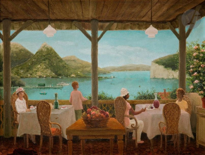 Sophie STROUVé (née en 1922)
Terrasse sur le lac
Huile sur toile.
Signée en bas à droite.
Signée et titrée au dos.
27 x 35 cm