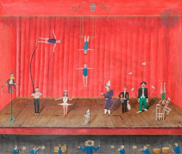 Raymond Bussereau, dit RAYB (1897-1975)
Music Hall
Huile sur toile.
Signée en bas à droite.
46 x 55 cm

Un Funambule de Rayb daté de 1967 est conservé au Musée d’Art naïf et singulier de Laval.