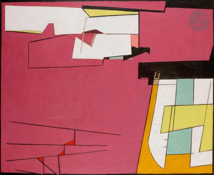 Knud NIELSEN [danois] (1916-2008)
Violet-Hvidt, 1955
Huile sur toile.
Signée et datée au dos.
(Craquelures).
89 x 110 cm