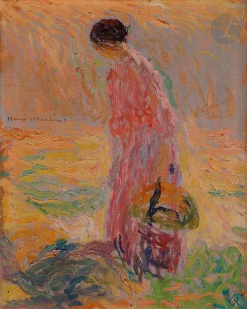Henri MARTIN (1860-1943
)Young woman in pink
with straw hat in hand, 1918-19Oil on panel.
Signed
on the top
left
in the composition. 27 x 21.5 cmA
notice of inclusion in the archives intended for the preparation of the Catalogue Raisonné d'Henri Martin by Madame Destrebecq-Martin dated 18 June 2020 will be
given to the purchaser.
We would like to thank Mrs Marie-Anne Destrebecq-Martin for the information contained in
this notice .
Our panel is a study for one of the four monumental paintings in the grand décor of the General Assembly Hall of the Council of State in Paris "Les Moissons". Rarely in Henri Martin's production, the attitude of the young woman changes during their elaboration. Contrary to his usual practice, the artist, who had a precise conception of the final composition and its characters in mind from his early studies, changed the young woman's attitude twice. In a second study, she wears her hat on her head before holding it in front of her in the final composition, no doubt to suggest a conversation with the binder on her knees. At that time the harvests were not very noisy and people were happy to talk: in the middle of the large set we see, discreetly, the reaper with spinning blades, pulled by horses.
