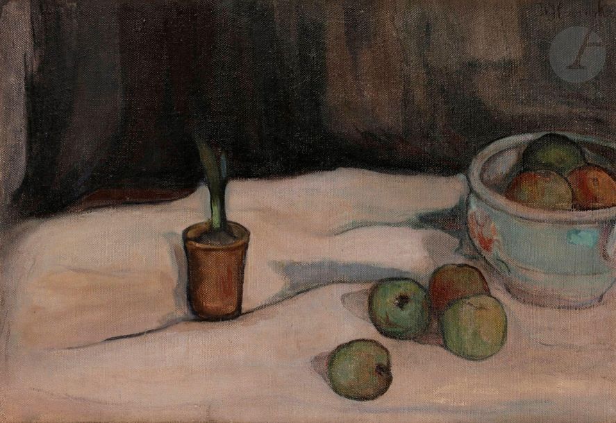 Wladyslaw SLEWINSKI (1854-1918
)Still life with
fruit
bowl
and small flowerpot, circa 1904Oil on canvas. Signed upper right. 44 x 64 cmProvenance: 
Sale Thierry Lannon, Brest
, May 12, 2002A
certificate and an analysis of the work in Polish by Mrs. Wladyslawa Jaworska dated February 28, 2000 will be given to the buyer
.
The work bears at the bottom of the frame the inscription of Mrs. Wladyslawa Jaworska, who used to describe the paintings in order to authenticate them: Martwa natura z misa owoców i mala doniczka, ok. 1904 (Still life with fruit bowl and small flowerpot, circa 1904).
