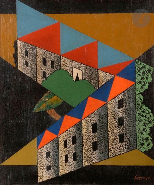Léopold SURVAGE (1879-1968)
La Ville aux arbres, 1917
Huile sur toile.
Signée en bas à droite.
(Restaurations). 
55 x 46 cm

Provenance : 
Galerie L'Effort Moderne, Léonce Rosenberg, Paris, n° 7343 (fragment d'étiquette au dos).

Exposition : 
Léopold Survage : un maître de l'inhabituel, Musée Géo-Charles, échirolles, 31 mai - 13 octobre 2002.

Nous remercions Madame Anne-Marie Divieto d'avoir confirmé l'authenticité de cette œuvre. 

Un certificat pourra être remis à la charge de l'acheteur.