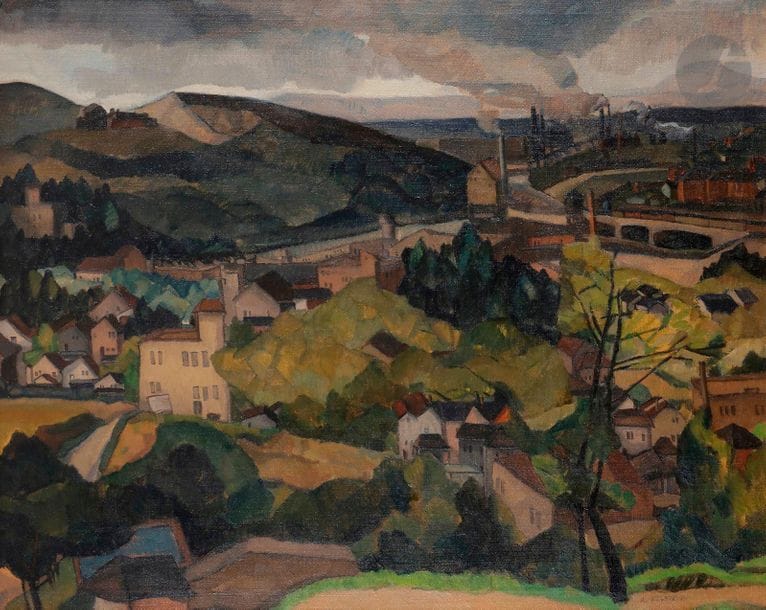 Anthony ANGAROLA (1893-1929)
Kansas City Hills, 1928
Huile sur toile.
Signée en bas à droite.
89 x 112 cm

Provenance : 
- ACA Galleries, New York (étiquette au dos).
- Collection de Mme E., New York / Paris. Acquis directement auprès de ACA Galleries le 3 août 1989.
- Par succession.

Expositions : 
- 31st annual exhibition by artists and vicinity at the Art Institute of Chicago, 3 - 8 mars 1927, reproduit au catalogue.
- The American Federation of Arts, Washington (étiquette au dos).
- Carnegie Institute, Pittsburgh, 1928 ? (étiquette coupée au dos).
- Anthony Angarola, An American modernist, ACA Galleries, New York, 5 mai - 4 juin 1988, reproduit au catalogue p. 30.