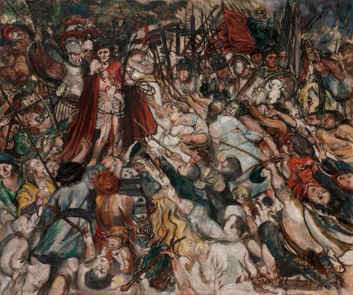 Henry de GROUX (1866-1930)
Le Christ aux Outrages, 1893
Huile sur toile.
Signée, datée, dédicacée en bas à droite.
(Petites restaurations).
71 x 85 cm

Provenance : 
Collection Jean Paulhan. Par descendance. Notre tableau est une version du chef d'œuvre du peintre symboliste, Le Christ aux Outrages, exécuté en 1889. Celui-ci fut présenté pour la première fois au Salon triennal de Bruxelles de 1891, où il fit une entrée retentissante dans le paysage artistique belge de l'époque, à seulement vingt-trois ans. Son univers sombre, tourmenté et violent interpelle les visiteurs du Salon qui ne parle que de cette œuvre monumentale et de ce jeune artiste provocateur et ambitieux. Ce tableau est aujourd'hui conservé au Palais du Roure à Avignon.
Une autre version du tableau, exécutée vers 1925, dans un format plus modeste, est conservée aux Musée royaux des Beaux-Arts de Belgique (Inv. 9207).
Cette toile provenant de la collection du critique et écrivain Jean Paulhan rappelle le lien entre les deux hommes. C'est au début des années 1890 que le peintre et l'homme de lettres se rencontrent, à l'occasion de l'exposition de son tableau 
Le Christ aux Outrages chez Alphonse Osbert. Dès 1892, des liens forts se créent entre Henry de Groux et des lettrés importants de l'époque comme Léon Bloy, qui deviendra son grand ami, mais aussi émile Zola, Stéphane Mallarmé, Joris-Karl Huysmans ou encore André Gide. Le respect mutuel que Paulhan et de Groux se porte se concrétisera par la réalisation d'un portrait de l'écrivain par son ami en 1914 ; ce portrait le représentant en zouave et grandeur nature est aujourd'hui disparu.