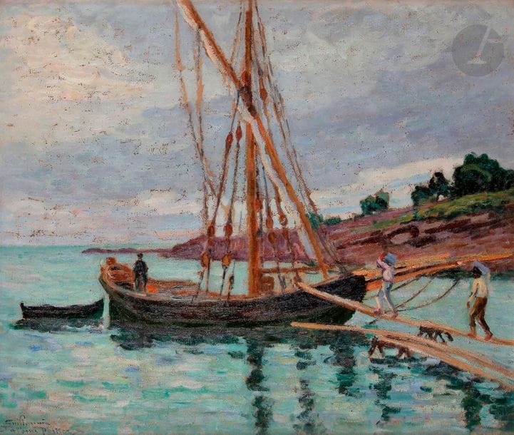 Armand GUILLAUMIN (1841-1927)Sailing ship, circa 1898Oil on canvas.
Signed
and dedicated lower left.
(Relined).
60 x 73 cm
Provenance:
- Collection of Alphonse Portier, color dealer in Paris, rue Notre-Dame-de-Lorette
. By descent. - Private

collection

, Paris.
This work will be included in the second volume of the Catalogue Raisonné Armand Guillaumin, currently being prepared by the Comité Guillaumin (Dominique Fabiani, Stéphanie Chardeau-Botteri, Jacques de la Béraudiere
).
A notice of inclusion from the Comité Armand Guillaumin dated April 21, 2019 will be given to the purchaser.