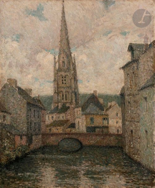 Henri LE SIDANER (1862-1939)
L'église, Harfleur, 1915
Huile sur toile.
Signée en bas à gauche.
65 x 54 cm

Provenance :
- Galerie Georges Petit, Paris, n° 2.420 et 20.955 (étiquette au dos).
- Vente publique, 21 décembre 1921.
- Vente du Comte de Linsecq Dianof, 6 avril 1922.
- Collection particulière, Paris.

Bibliographie :
- Camille Mauclair, Le Sidaner, 1928, p. 57.
- Le Soir illustré, 31 octobre 1931.
- Yann Farinaux-Le Sidaner, Le Sidaner, L'œuvre peint et gravé, Monaco, Éditions André Sauret, 1989, n° 340, reproduit p. 142.

Un certificat de Monsieur Yann Farinaux-Le Sidaner en date du 14 octobre 2020 sera remis à l'acquéreur.


Les études préparatoires à L'Église (dont une huile sur panneau appartenant à la Fondation Bemberg à Toulouse) ont été réalisées par le peintre lors d'un séjour à Harfleur en juillet 1914, quelques jours avant la déclaration de guerre. L'hiver suivant, Le Sidaner a peint la toile dans son appartement versaillais, et l'a livrée en février 1915, à son marchand Georges Petit, qui la lui a payée 1 000 francs. (Yann Farinaux-Le Sidaner, octobre 2020)