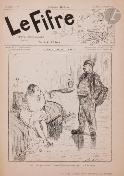 FORAIN (Jean-Louis).
Le Fifre.
Paris, 23 février 1889-1er juin 1889. — 15 fascicules in-folio, 398?x?287. Demi-maroquin glacé vert à coins, dos lisse orné, non rogné, étui (reliure moderne).

Collection complète de ce journal satirique créé et illustré par le peintre et illustrateur de presse Jean-Louis Forain (1852-1931), comprenant 15 numéros publiés entre le 23 février et 1er juin 1889.

L’artiste présentait ainsi son journal en page 2 du premier numéro : « Conter la vie de tous les jours, montrer les ridicules de certaines douleurs, la tristesse de bien des joies, et constater rudement quelquefois par quelle hypocrite façon le Vice tend à se manifester en nous : c’est mon projet. Chercheur fantaisiste, j’irai partout, m’efforçant de rendre d’un trait net et immédiat, aussi sincèrement que possible, les impressions et les émotions ressenties. Toujours joyeuses, ironiques souvent, ces notes viseront les travers contemporains, sans s’attaquer aux contemporains eux-mêmes ; mon avis étant que pour être intéressant et curieux il suffit largement à l’artiste d’étudier son temps. »

Ont collaboré à ce journal, en dehors de Jean-Louis Forain, Armand Silvestre, Émile André, Jean Richepin, Paul Masson, Paul Hervieu, Jacques Le Lorrain, etc. 

Bel exemplaire.

Dos passé.